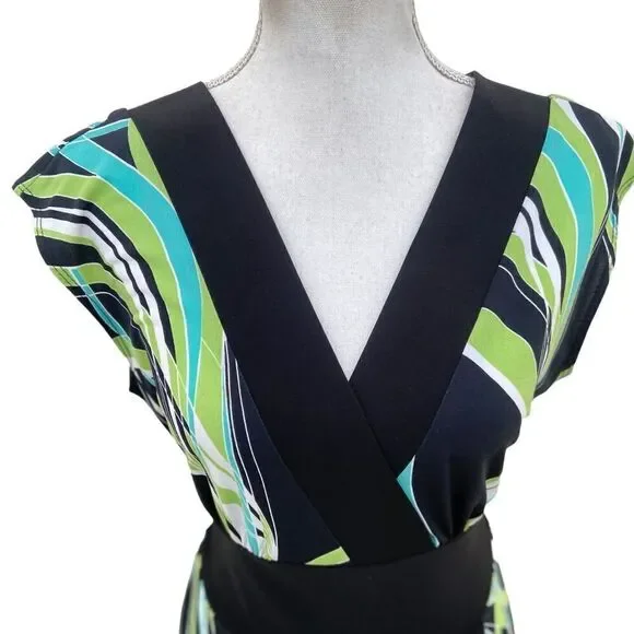 Frank Lyman v neck cap sleeve jersey knit dress black trim & belt graphic print - Picture 4 of 11